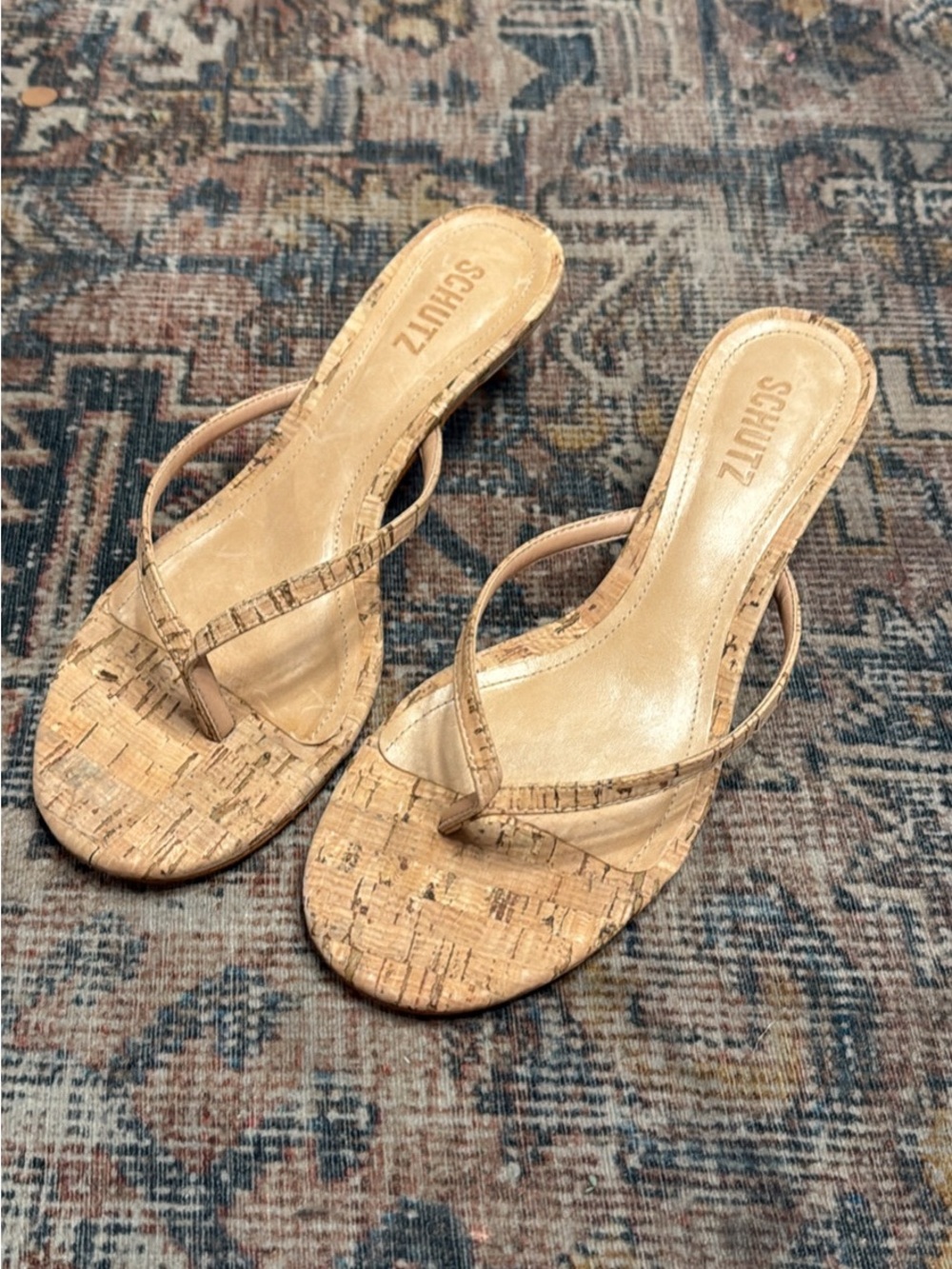 SCHUTZ Cork Thong Mules in Natural Tan